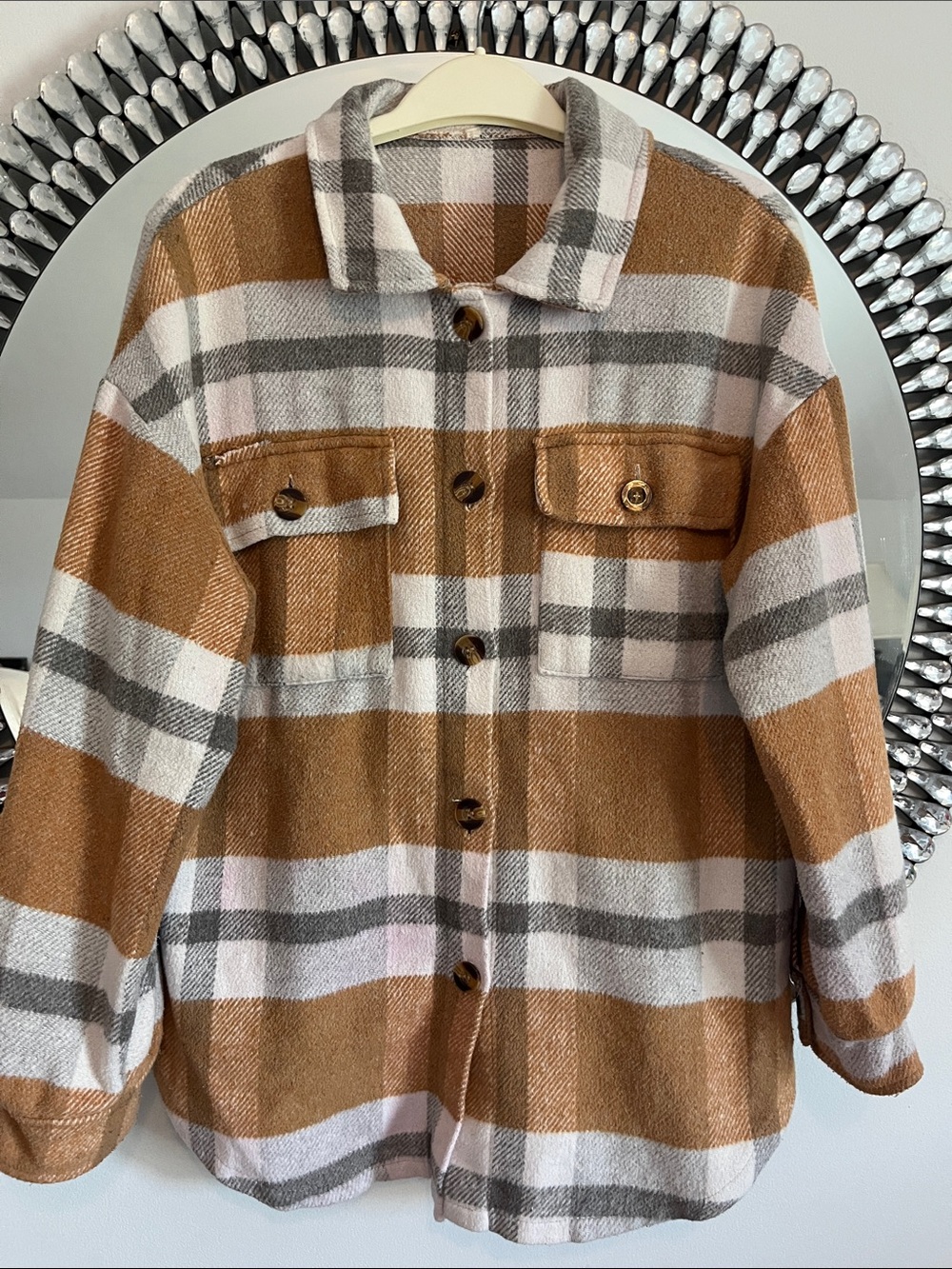 Womens Camel Plaid Utility Shacket Jacket